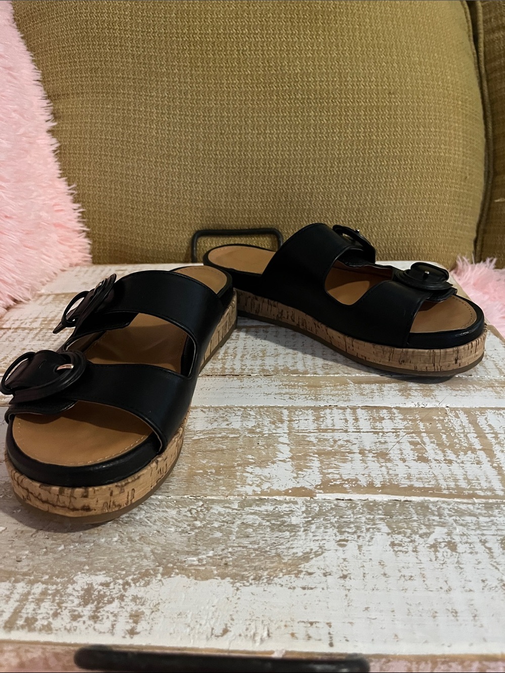 Bandolino Black Cork-Platform Buckle Slide Sandals